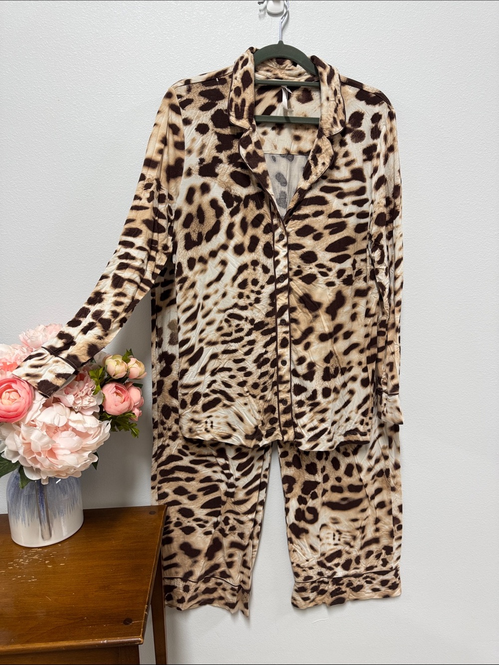 Soma Leopard Print Pajama Set in Brown and Cream Large Top/XL Bottom Set